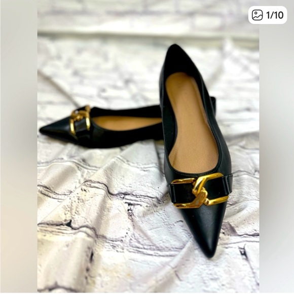 boc Shoes - B.O.C. Collective Pointed Toe Black Flats with Gold Accent Chain Detail